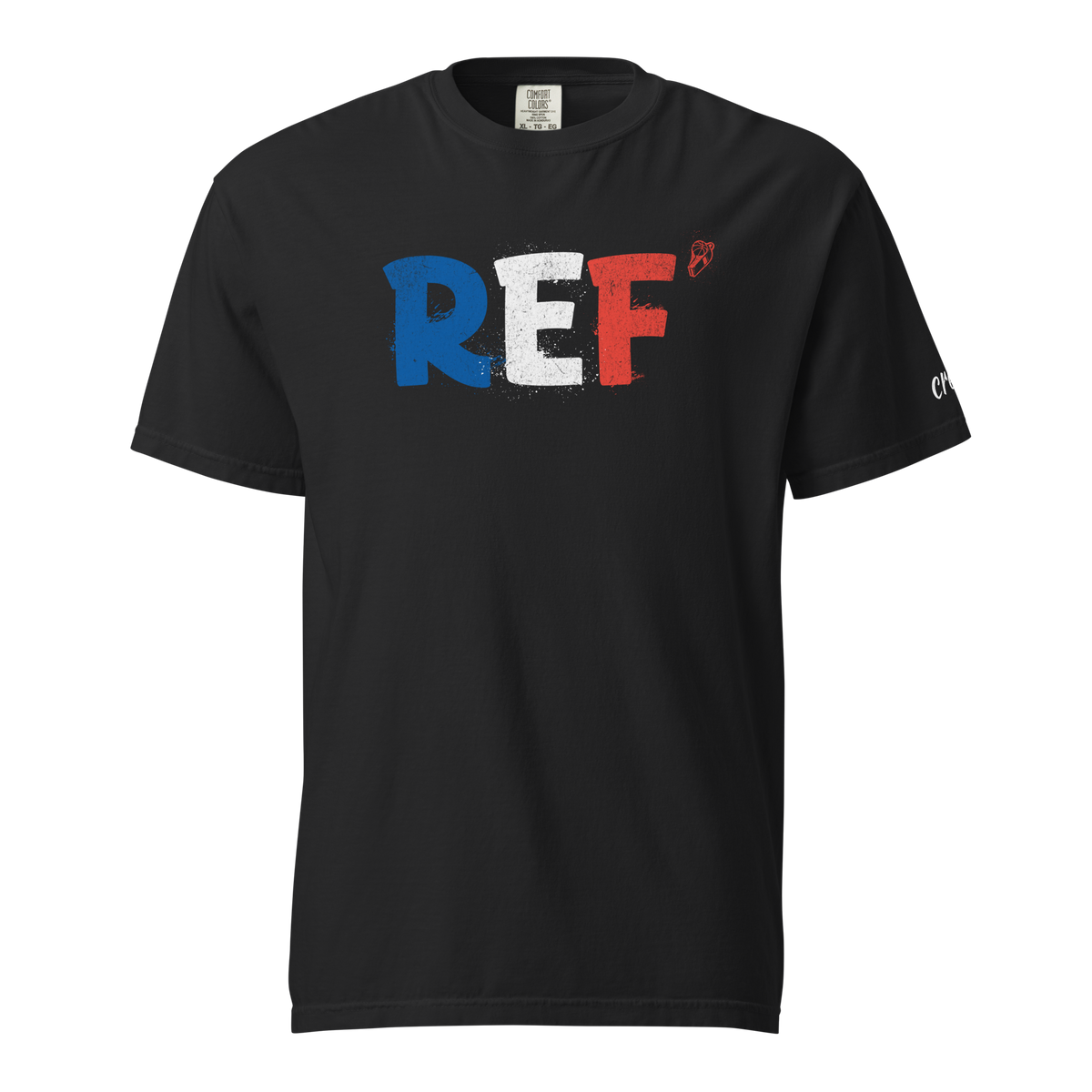 Tricolore Tee in Black – front view, distressed blue, white and red REF' lettering with red whistle mark – Ref' Crew basketball referee tee