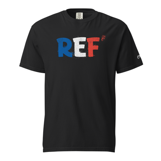 Tricolore Tee in Black – front view, distressed blue, white and red REF' lettering with red whistle mark – Ref' Crew basketball referee tee