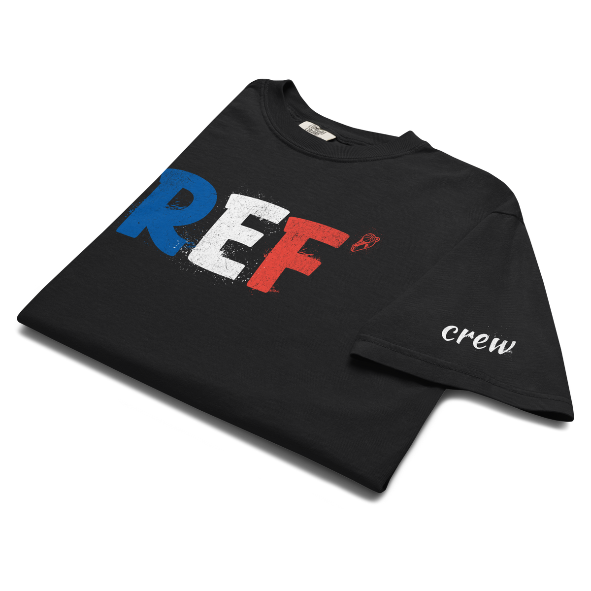 Tricolore Tee in Black – folded flat, close-up of the distressed blue, white and red REF' print and crew sleeve script