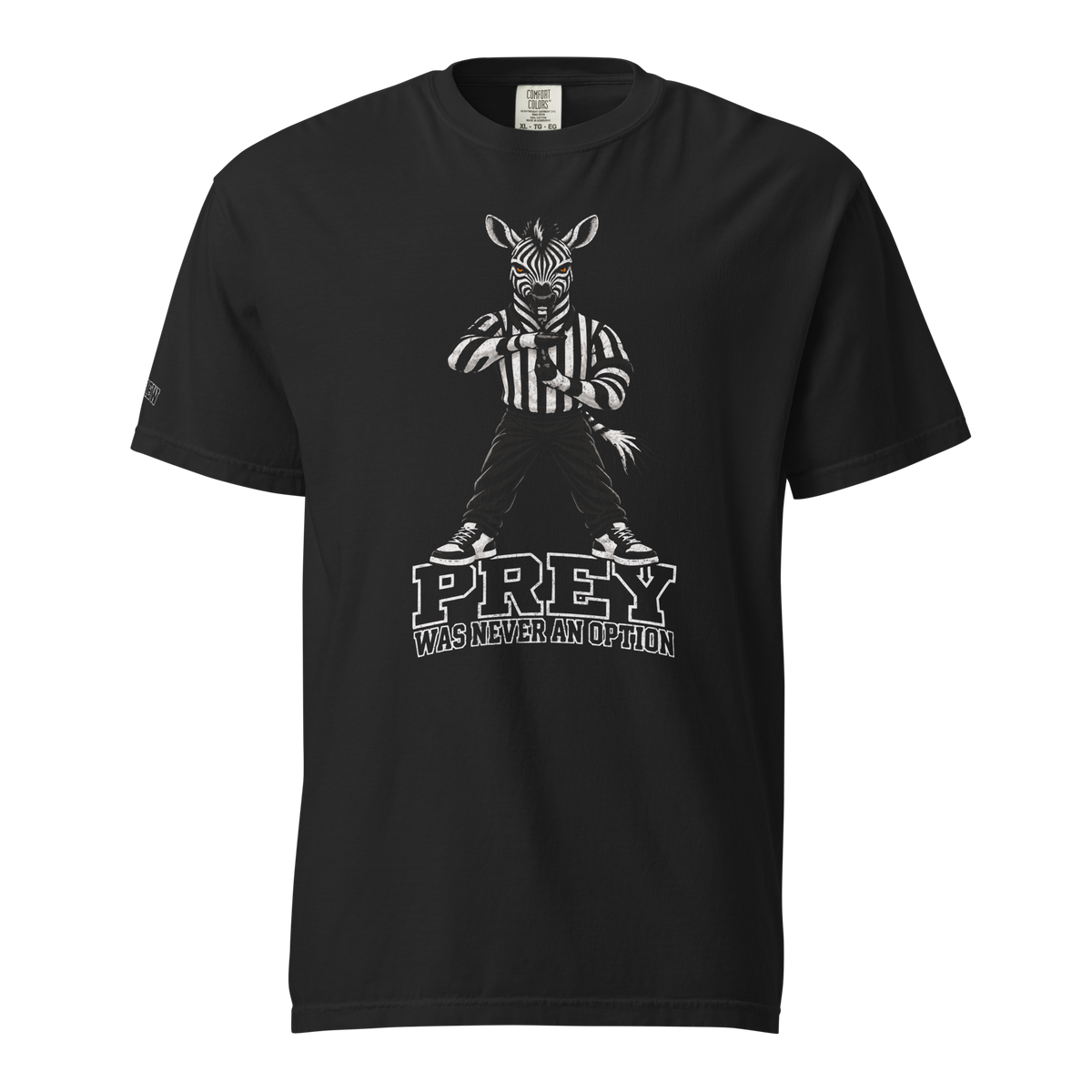 Prey Was Never an Option Tee in Black – front view, zebra referee in stripes above varsity PREY WAS NEVER AN OPTION lettering – Ref' Crew basketball referee tee