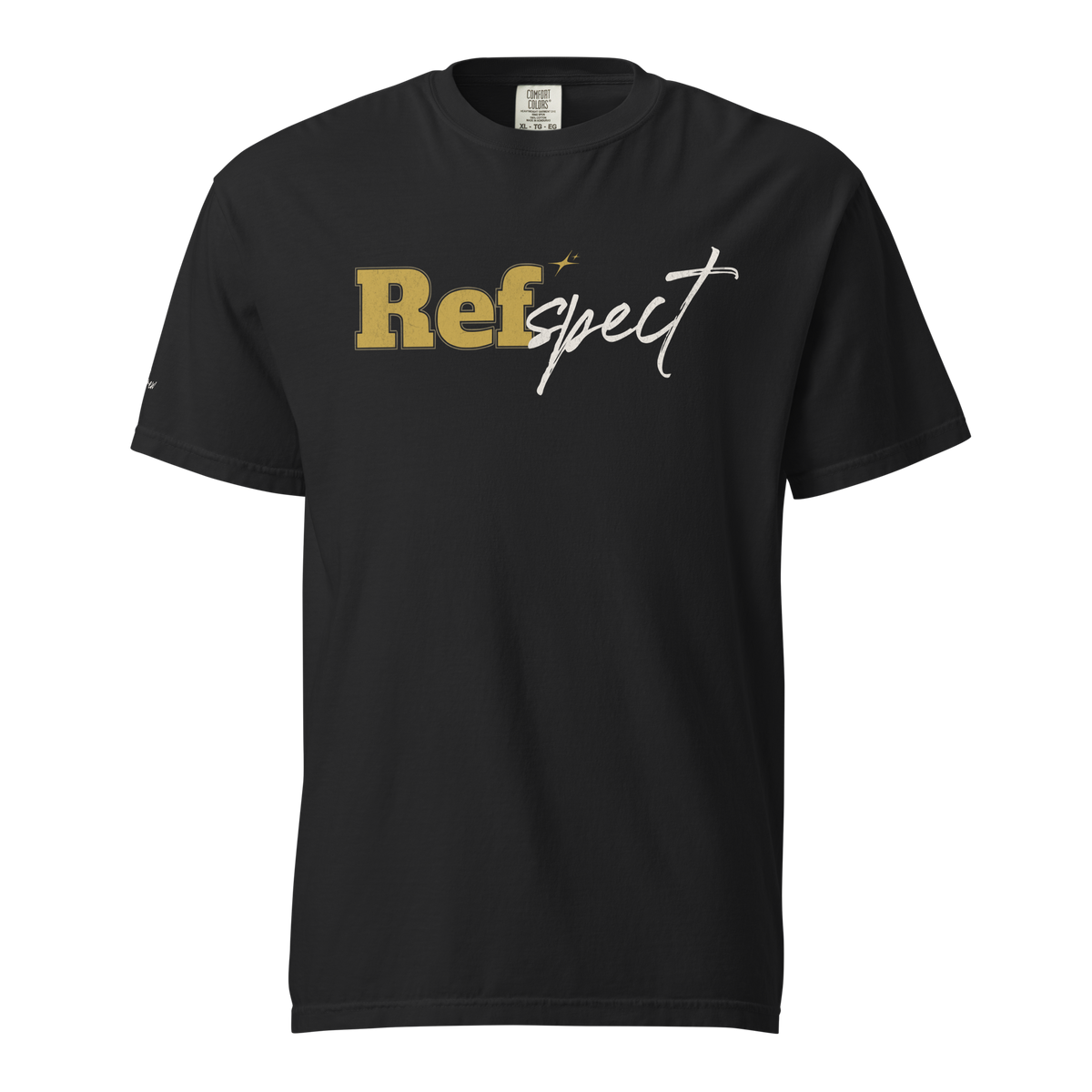 The Refspect Tee in black – front view, "Refspect" in gold varsity slab and cream brush script – Ref' Crew basketball referee tee