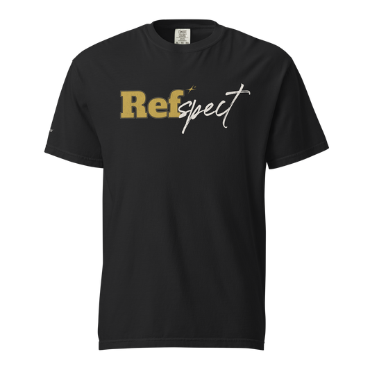 The Refspect Tee in black – front view, "Refspect" in gold varsity slab and cream brush script – Ref' Crew basketball referee tee
