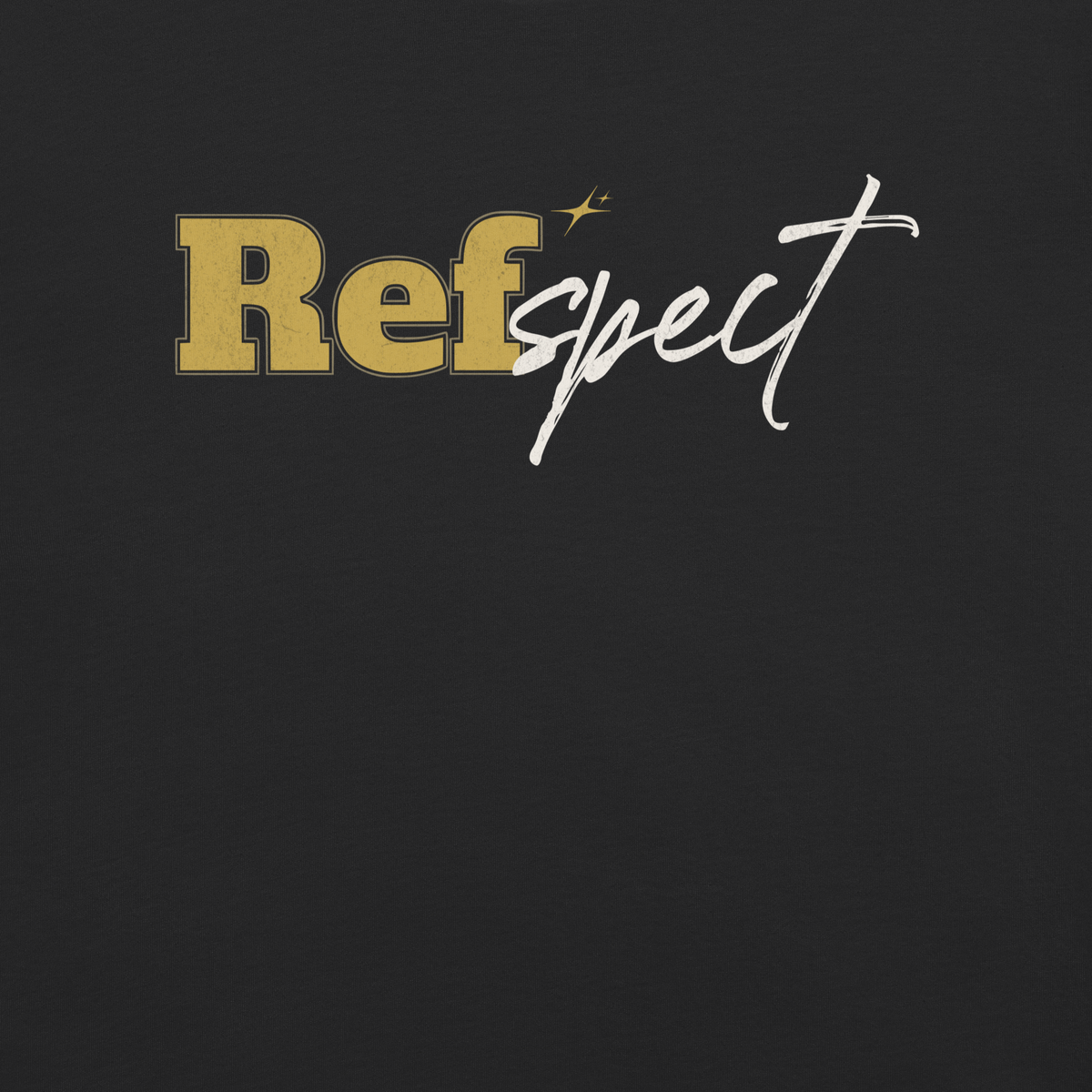 Close-up of the gold varsity "Ref" and cream script "spect" printed on the black garment-dyed heavyweight cotton