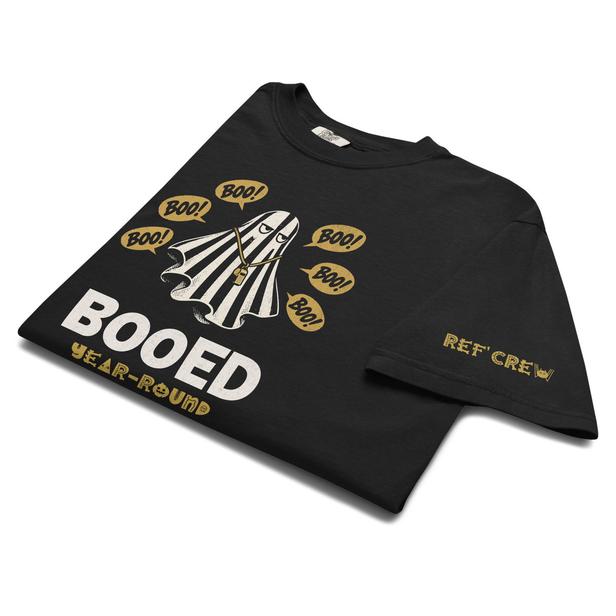 Booed Year-Round Tee in black, folded, showing the ghost referee print and the gold Ref' Crew signature with a spider W on the sleeve