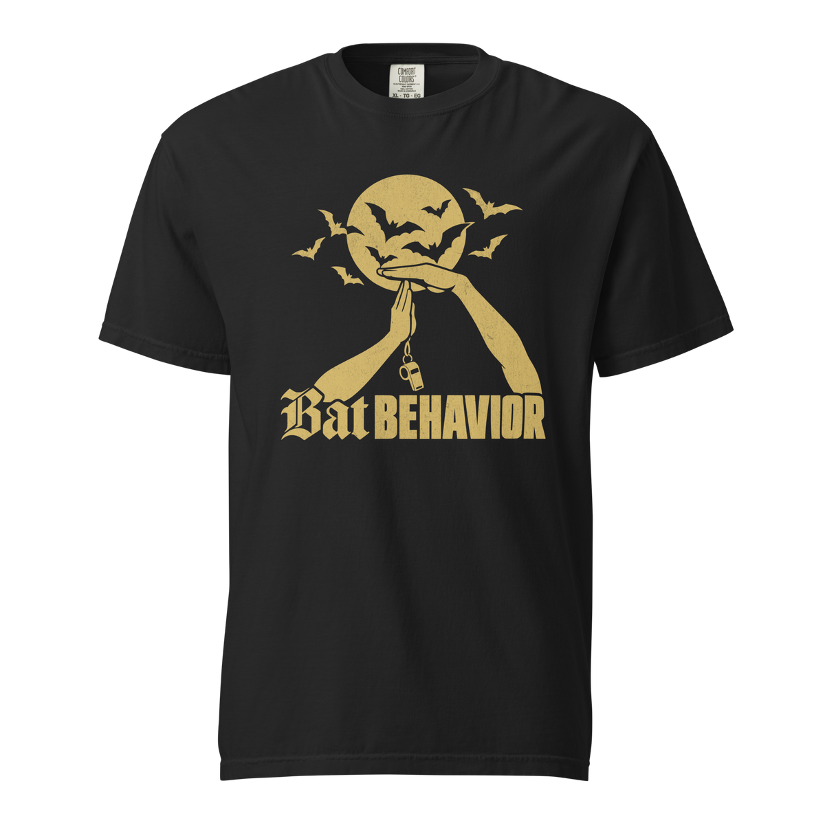 Bat Behavior Tee in Black – front view, two arms forming the technical-foul T in front of a full moon with bats and a whistle, "Bat BEHAVIOR" in gold – Ref' Crew basketball referee Halloween tee