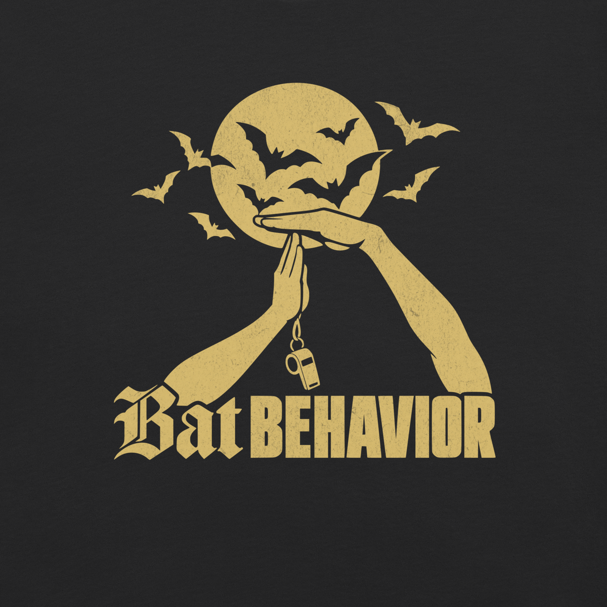 Close-up of the gold technical-foul T, full moon, bats and blackletter "Bat BEHAVIOR" printed on black garment-dyed heavyweight cotton