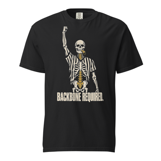 Backbone Required Tee in Black – front view, skeleton referee in a torn striped shirt with fist raised, whistle and gold spine, "BACKBONE REQUIRED." lettering – Ref' Crew basketball referee tee