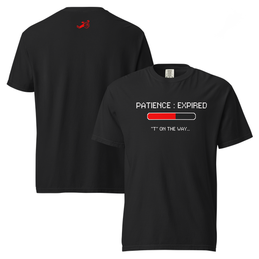 Black Ref' Crew Patience: Expired referee t-shirt for basketball officials, pixel art front graphic and pixel whistle at the back neck — front and back views