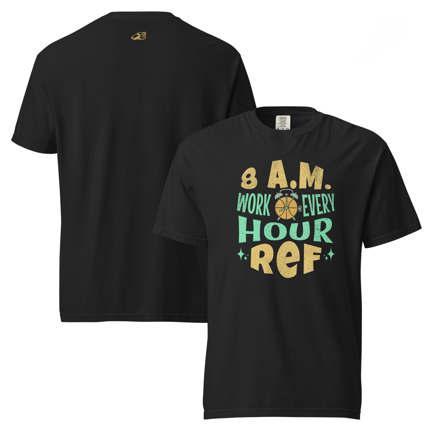 Black Ref' Crew 8 A.M. tee shown front and back — garment-dyed heavyweight cotton, relaxed unisex fit