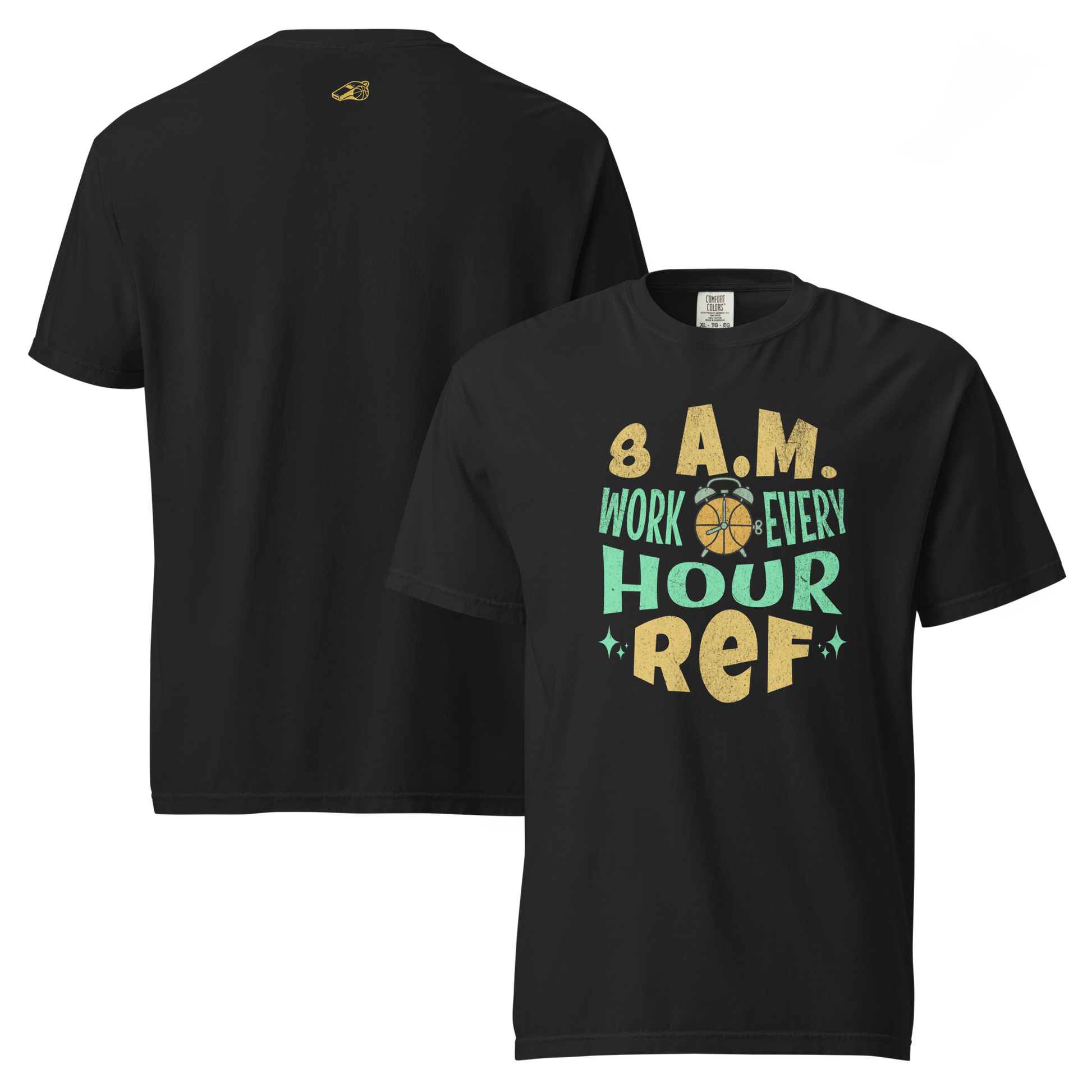 Black Ref' Crew 8 A.M. tee shown front and back — garment-dyed heavyweight cotton, relaxed unisex fit