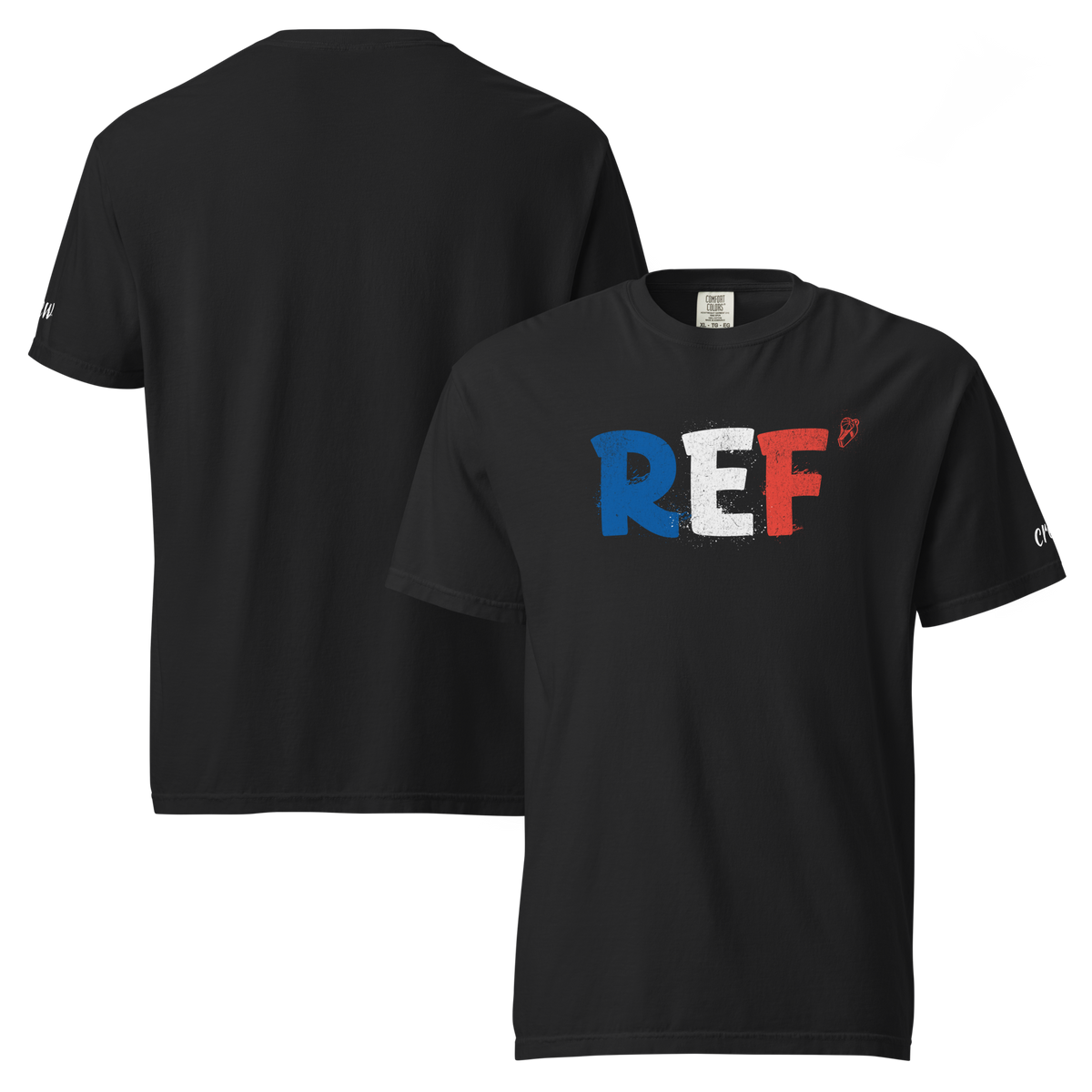 Tricolore Tee in Black – front and back views, tricolore REF' chest print and crew script on the sleeve