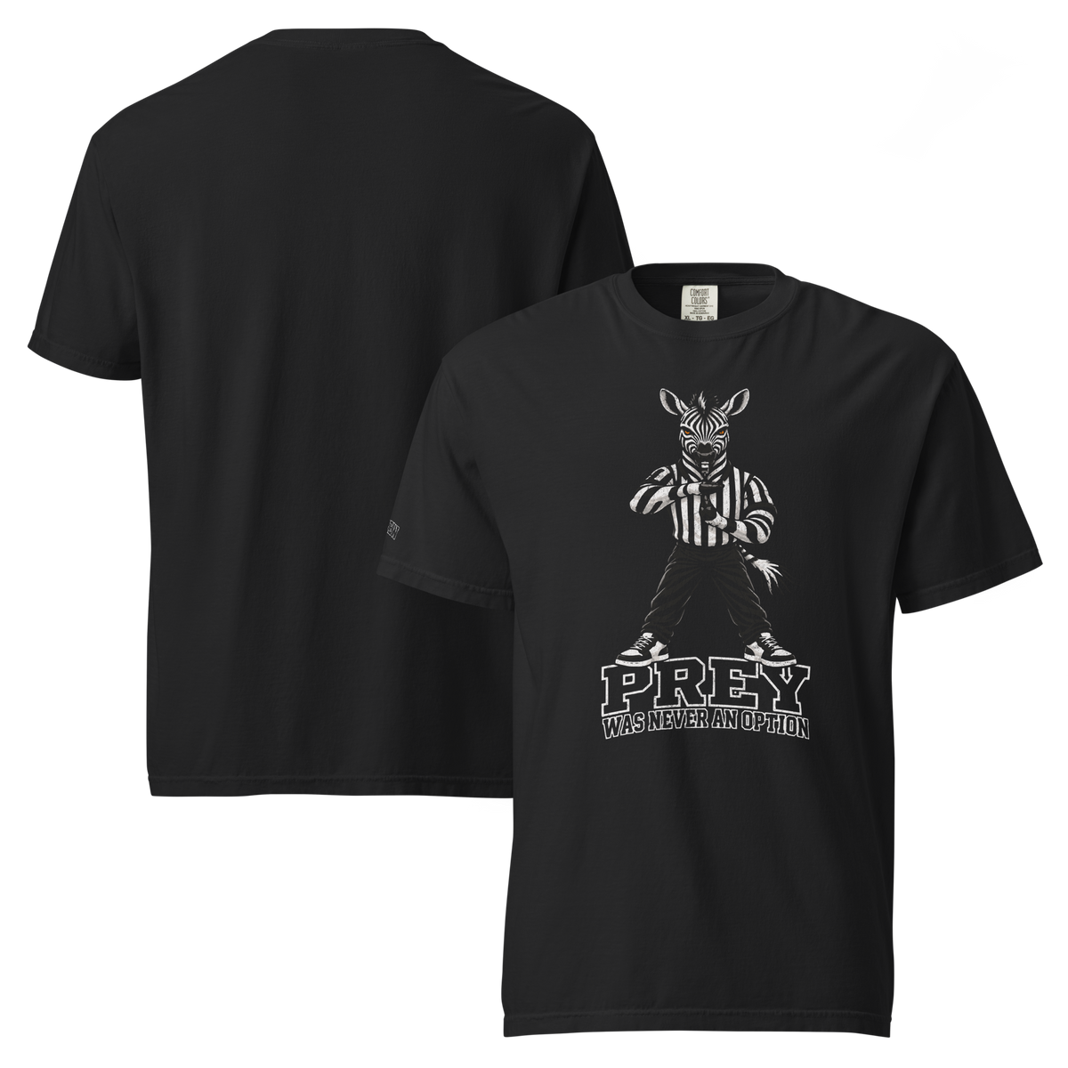 Prey Was Never an Option Tee in Black – front and back views, zebra referee chest print and REF' CREW sleeve