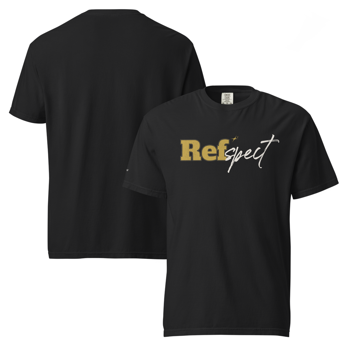 The Refspect Tee in black – front and back views, gold and cream chest wordmark and plain back, Ref' Crew script on the right sleeve