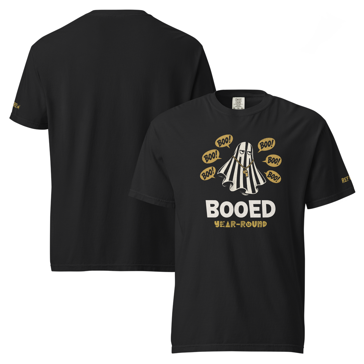 Booed Year-Round Tee in black – front and back views, ghost referee chest print, plain back, gold signature on the left sleeve