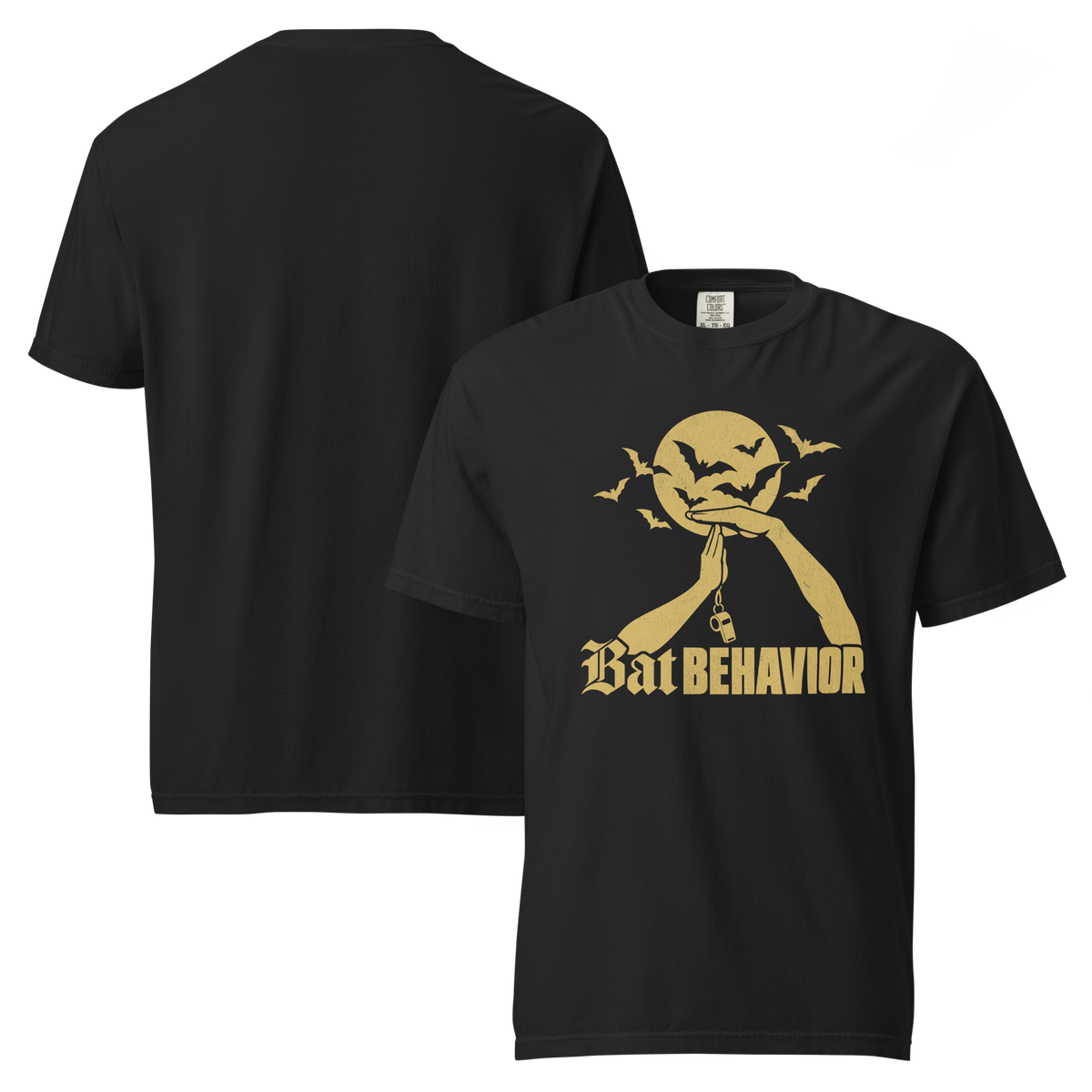 Bat Behavior Tee in Black – front and back views, gold chest print, plain back