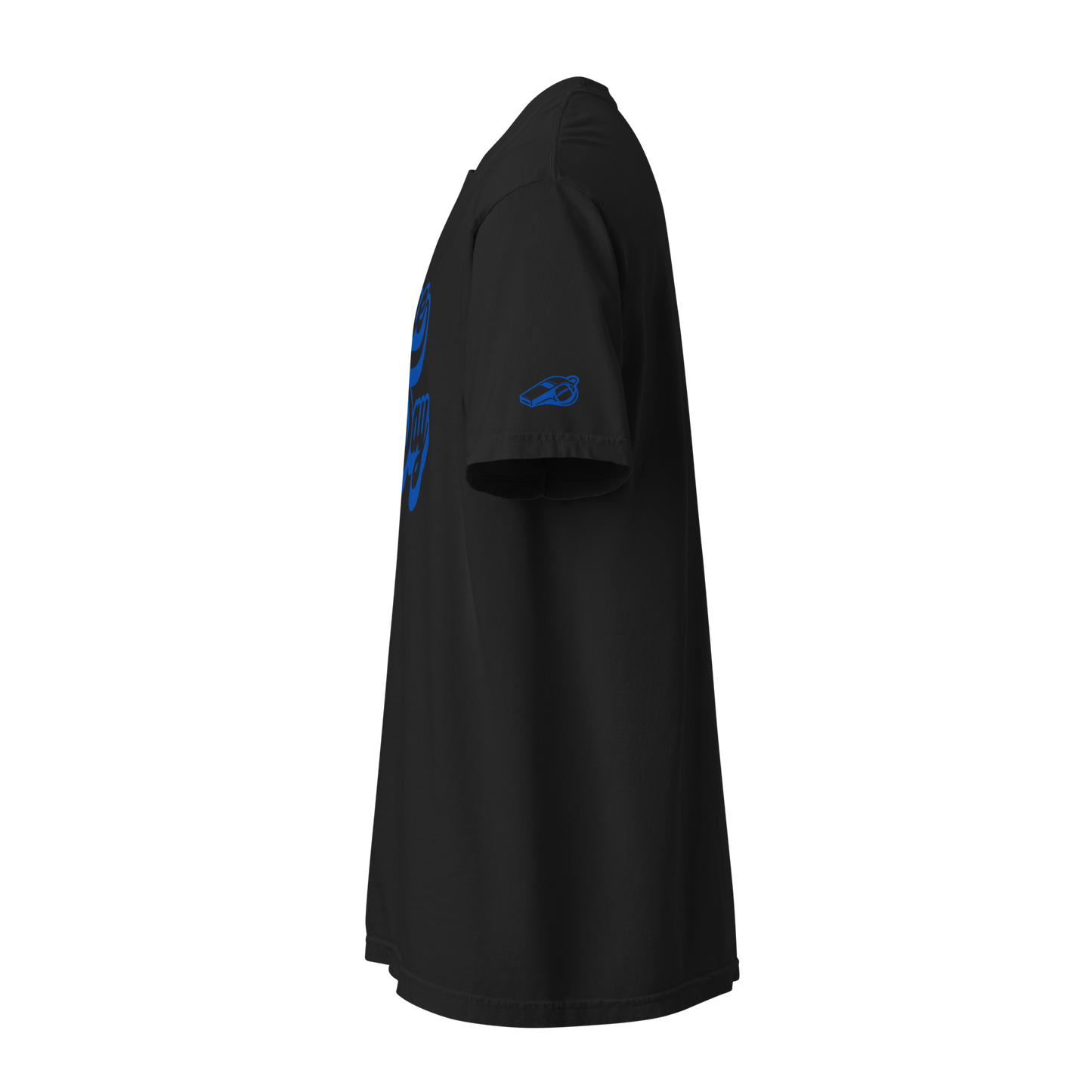 Side view of the Ref' Crew Game Day Tee in black, showing the whistle detail on the sleeve, garment-dyed heavyweight cotton