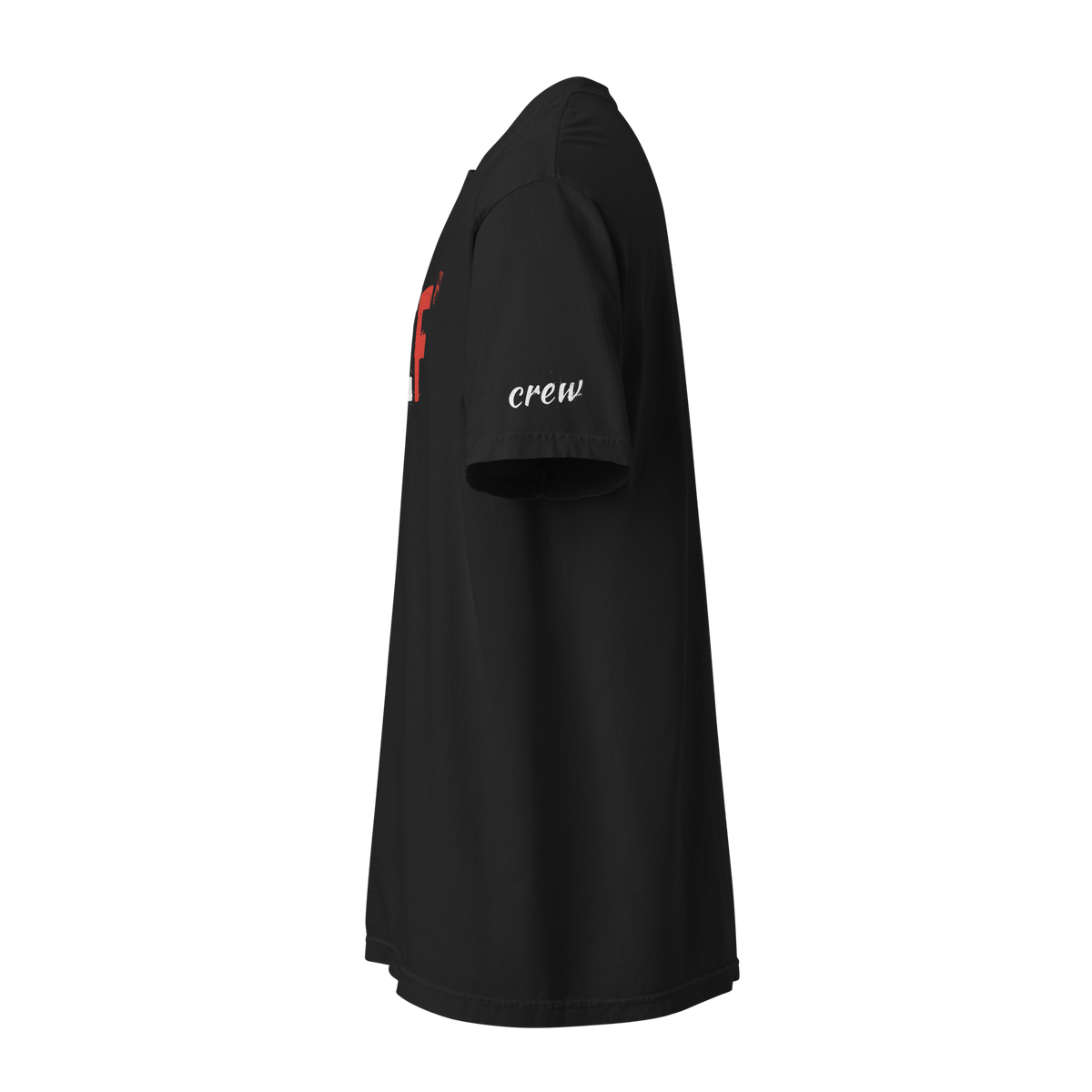 Tricolore Tee in Black – left side view showing the white crew script on the sleeve