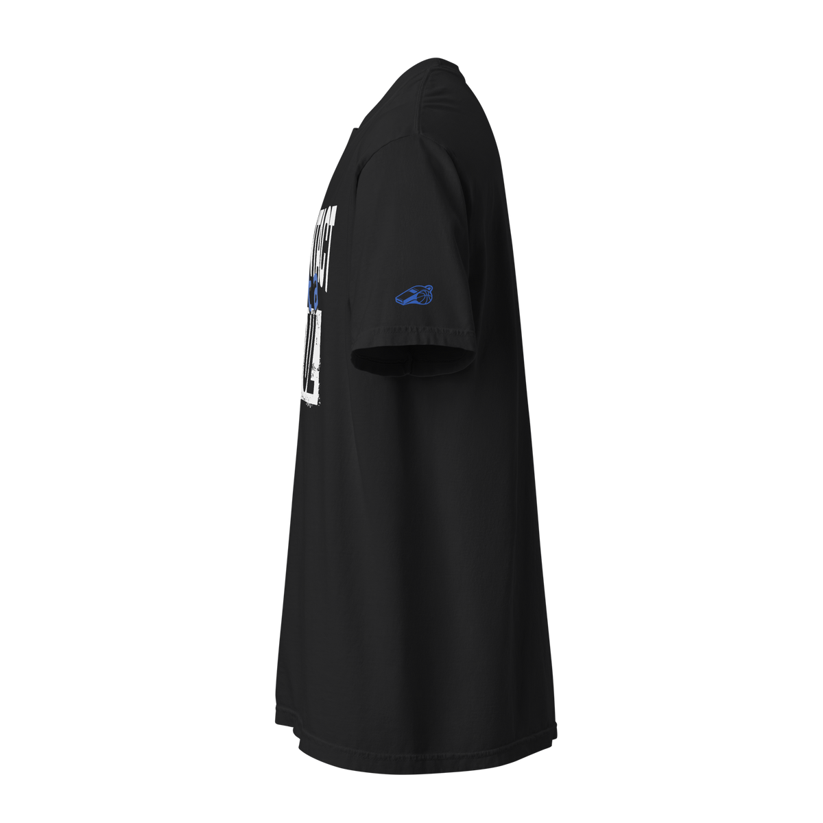 All Contact Ain't a Foul Tee in Black – left side view showing the blue Ref' Crew whistle mark on the sleeve