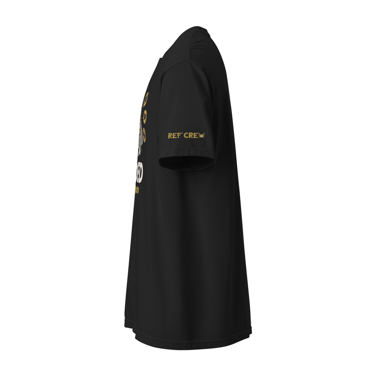 Booed Year-Round Tee in black – left side view showing the gold Halloween Ref' Crew signature on the sleeve