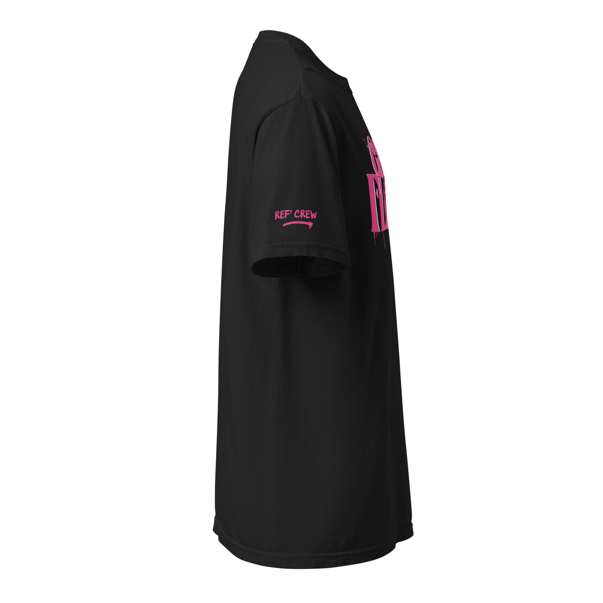 Black Ref' Crew Game Flow Pink Edition referee tee — side view showing the Ref' Crew right sleeve print
