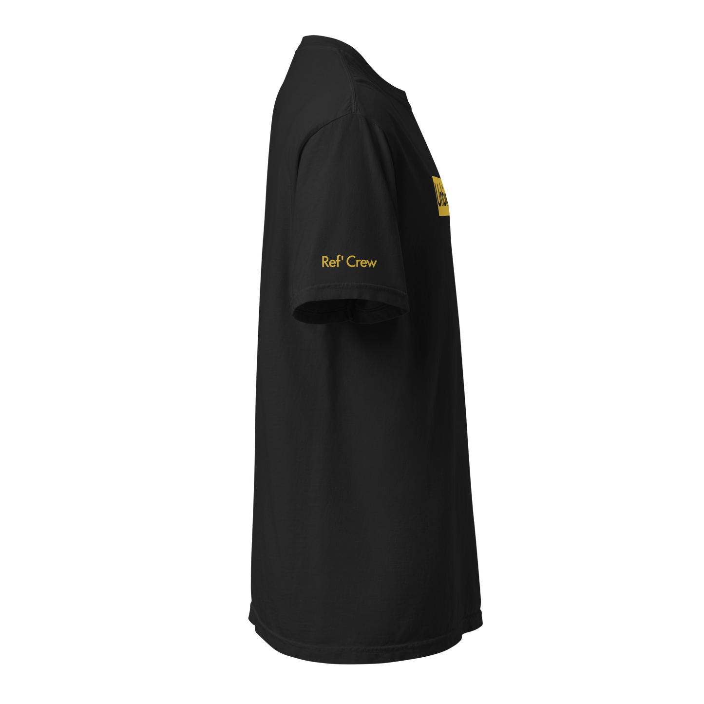 Black Ref' Crew Unbiased tee, right side view — REF' CREW printed in gold on the sleeve