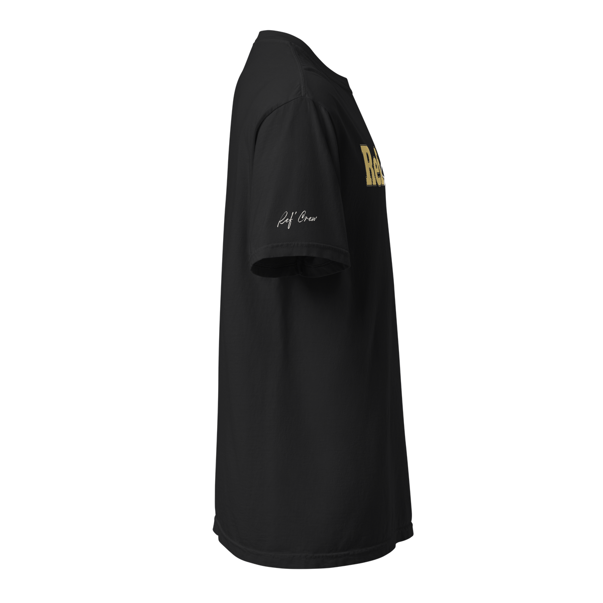 The Refspect Tee in black – right side view showing the cream Ref' Crew script printed on the sleeve
