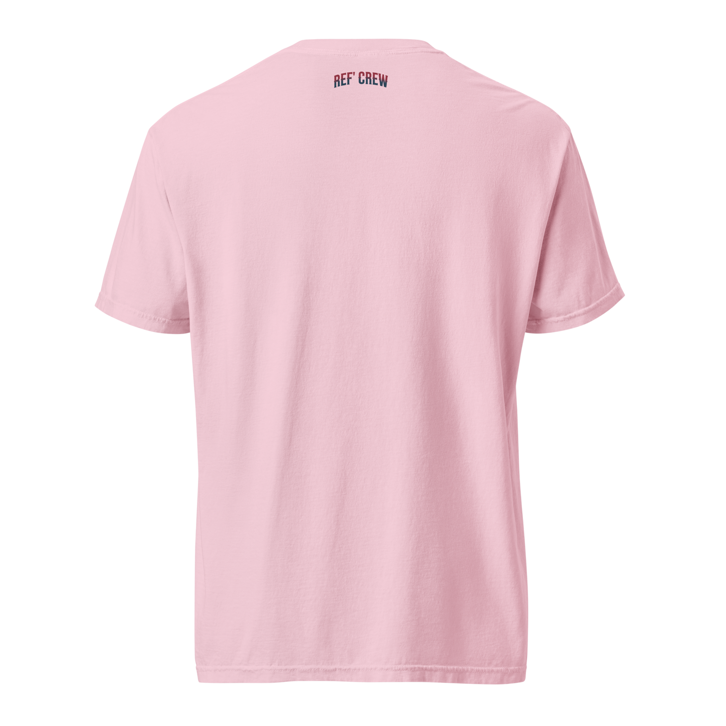 Pink Comfort Colors heavyweight cotton tee with "REF' CREW" arc detail on the back.