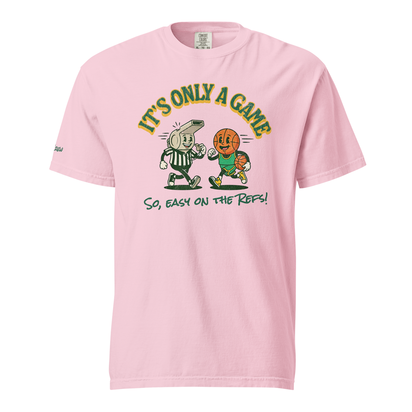 Easy on the Refs Tee in Blossom pink — retro basketball referee t-shirt with vintage whistle and basketball mascots, front view — Ref' Crew