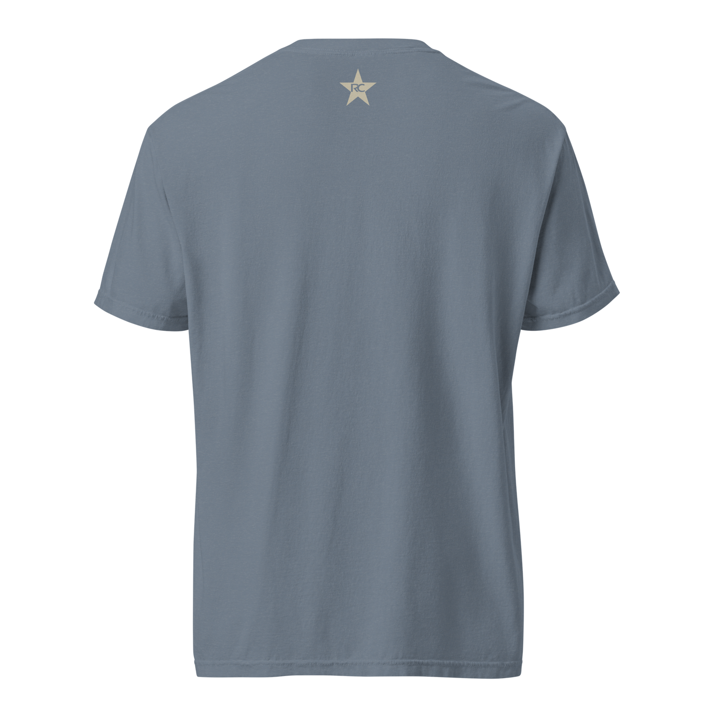 Back of a slate blue "God Bless Referees" tee with a tan RC star logo.