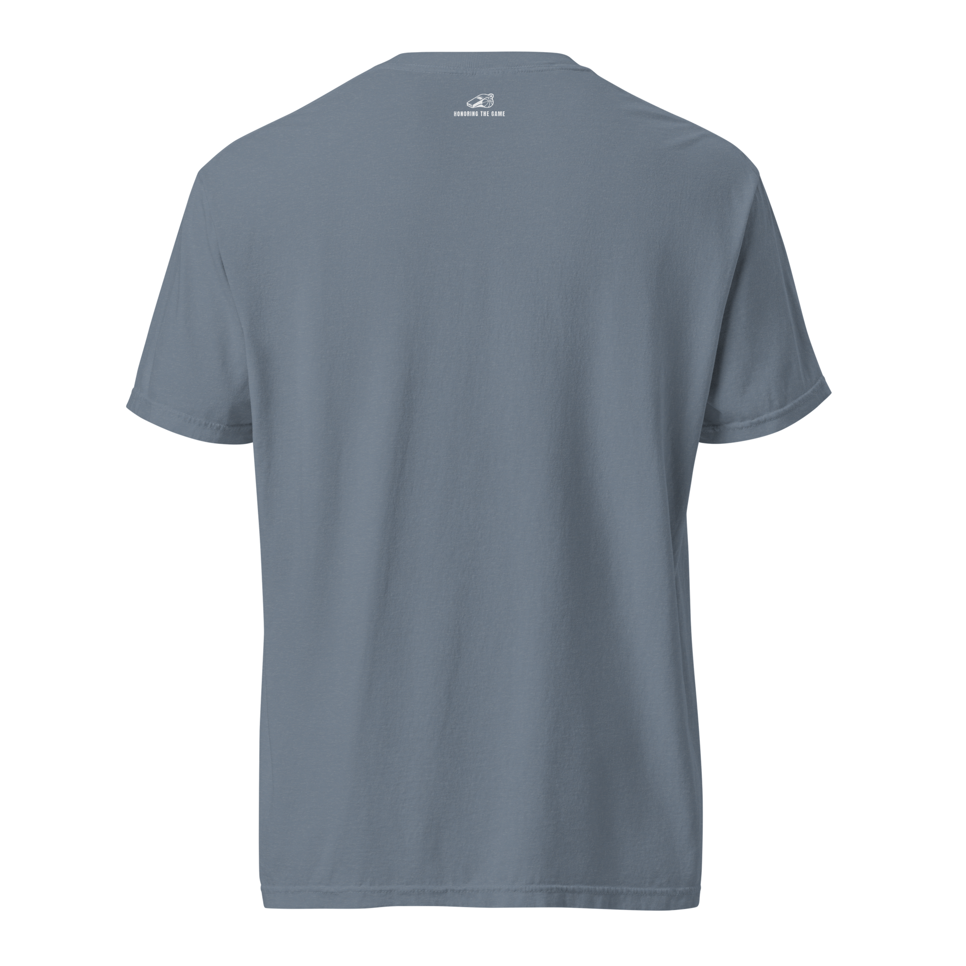 Back of a blue-grey Comfort Colors heavyweight cotton tee with "Honoring The Game" whistle detail.