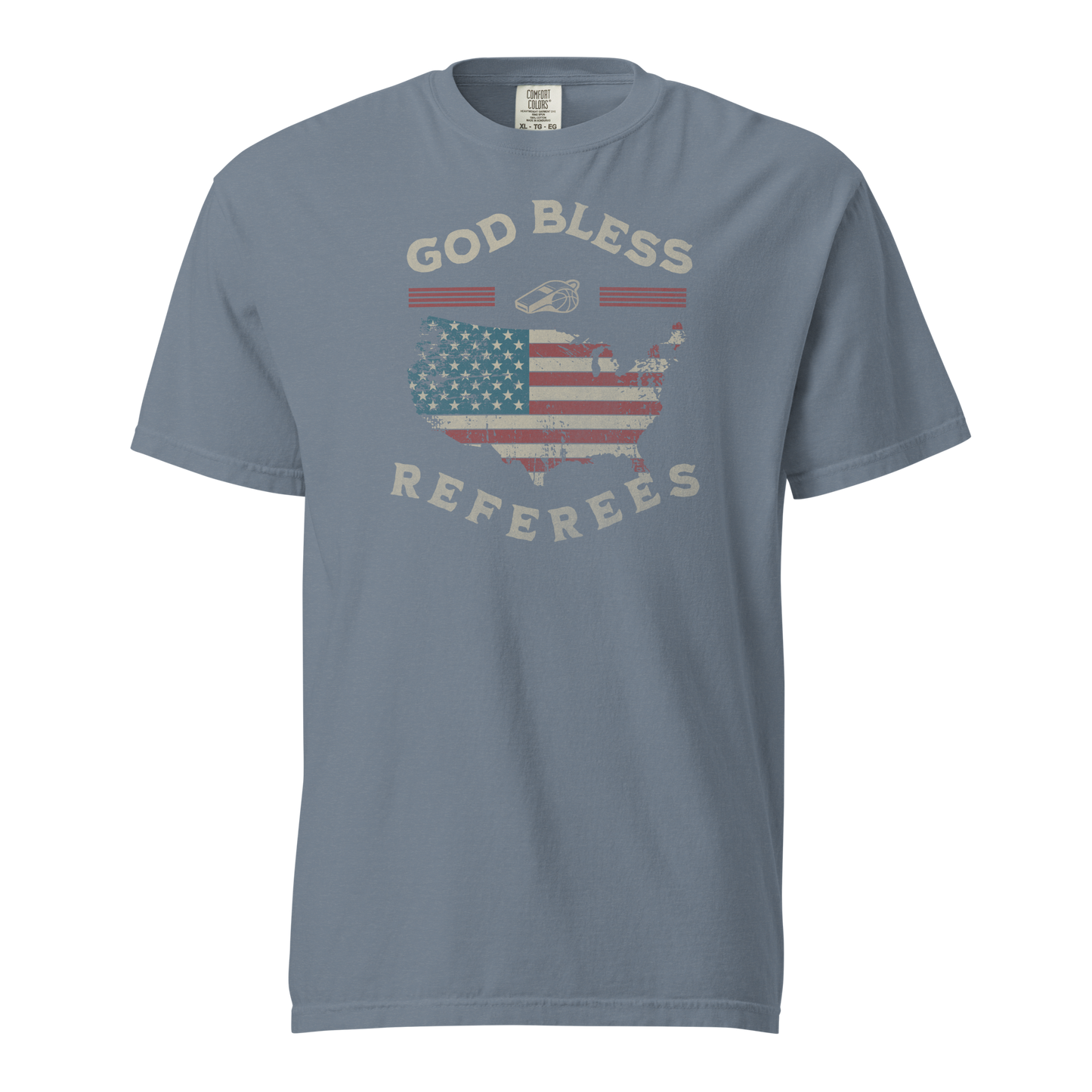 Blue Comfort Colors tee with distressed American flag map, whistle, and "God Bless Referees" text.