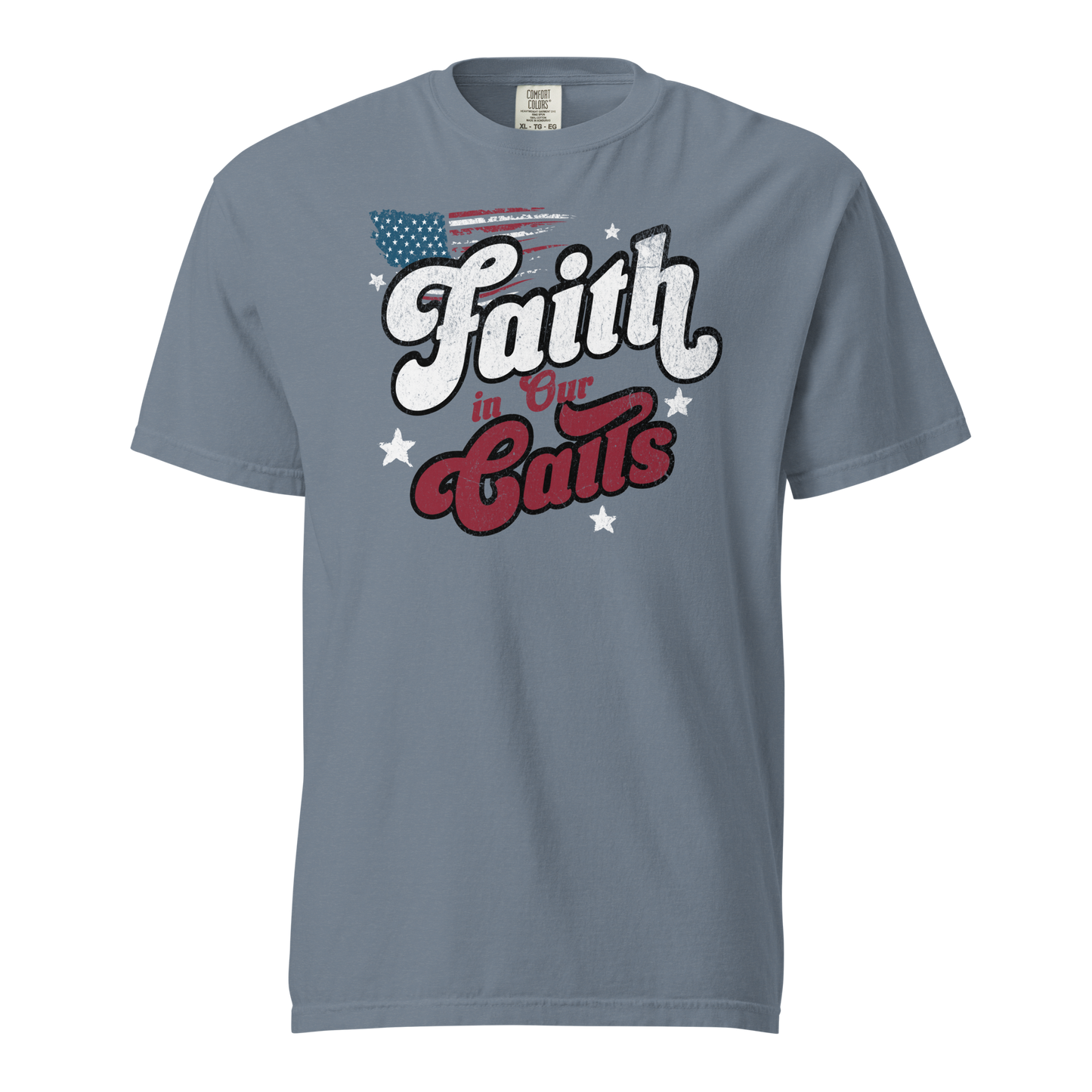 Blue Comfort Colors tee with "Faith in Our Calls" retro script, distressed flag, and stars for basketball officials.