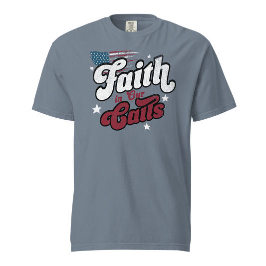 Ref' Crew "Faith in Our Calls" referee t-shirt for basketball official, blue Comfort Colors cotton with distressed retro Americana flag design.