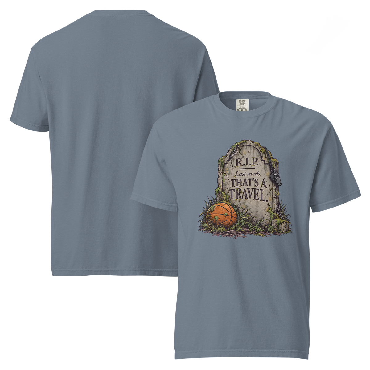 That's a Travel Tee in Blue Jean – front and back views, tombstone chest print, plain back