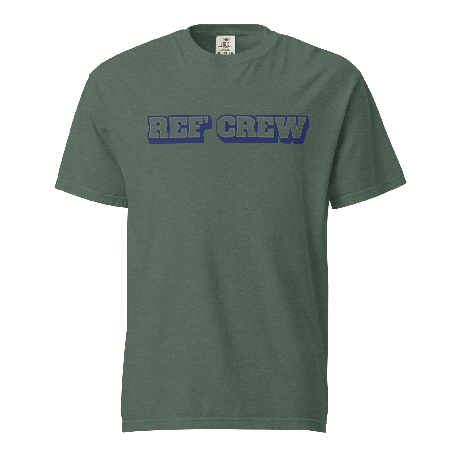 Dusk Court Ref' Crew varsity tee, premium garment-dyed cotton, bold blue lettering for basketball officials.