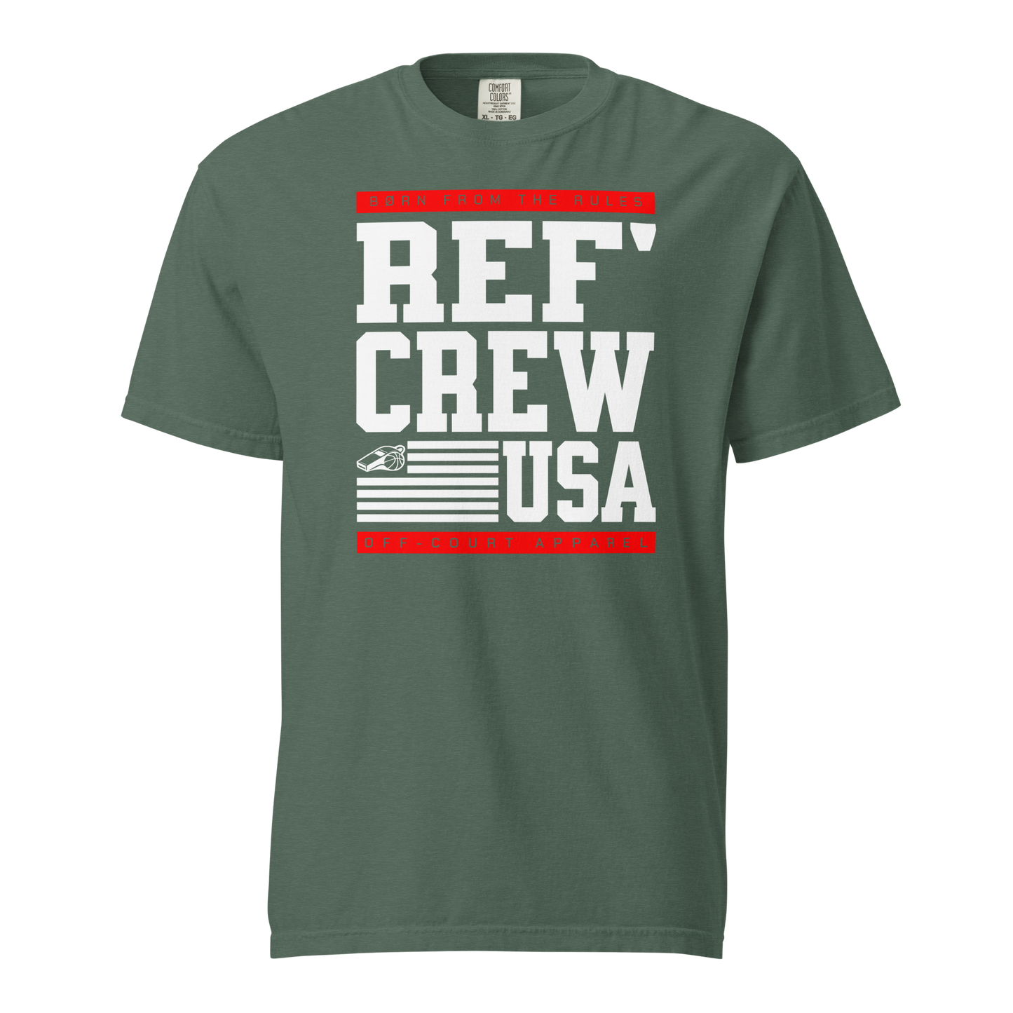 Heavyweight forest green "REF' CREW USA" tee with American flag whistle graphic, ideal for basketball officials.