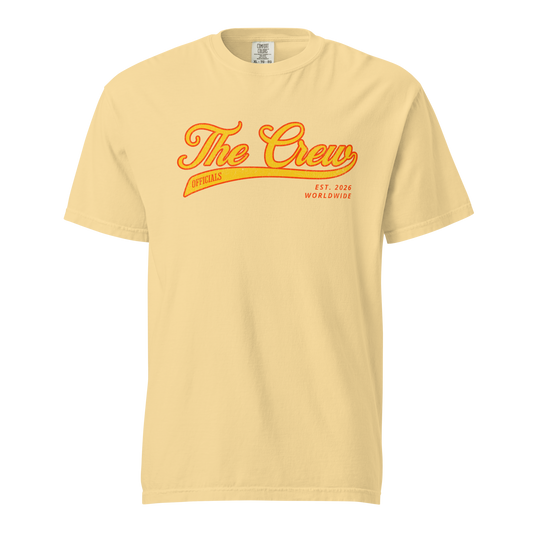 Butter yellow Ref' Crew The Crew Officials referee t-shirt, vintage gold baseball script with Officials swoosh banner, EST. 2026 — front view