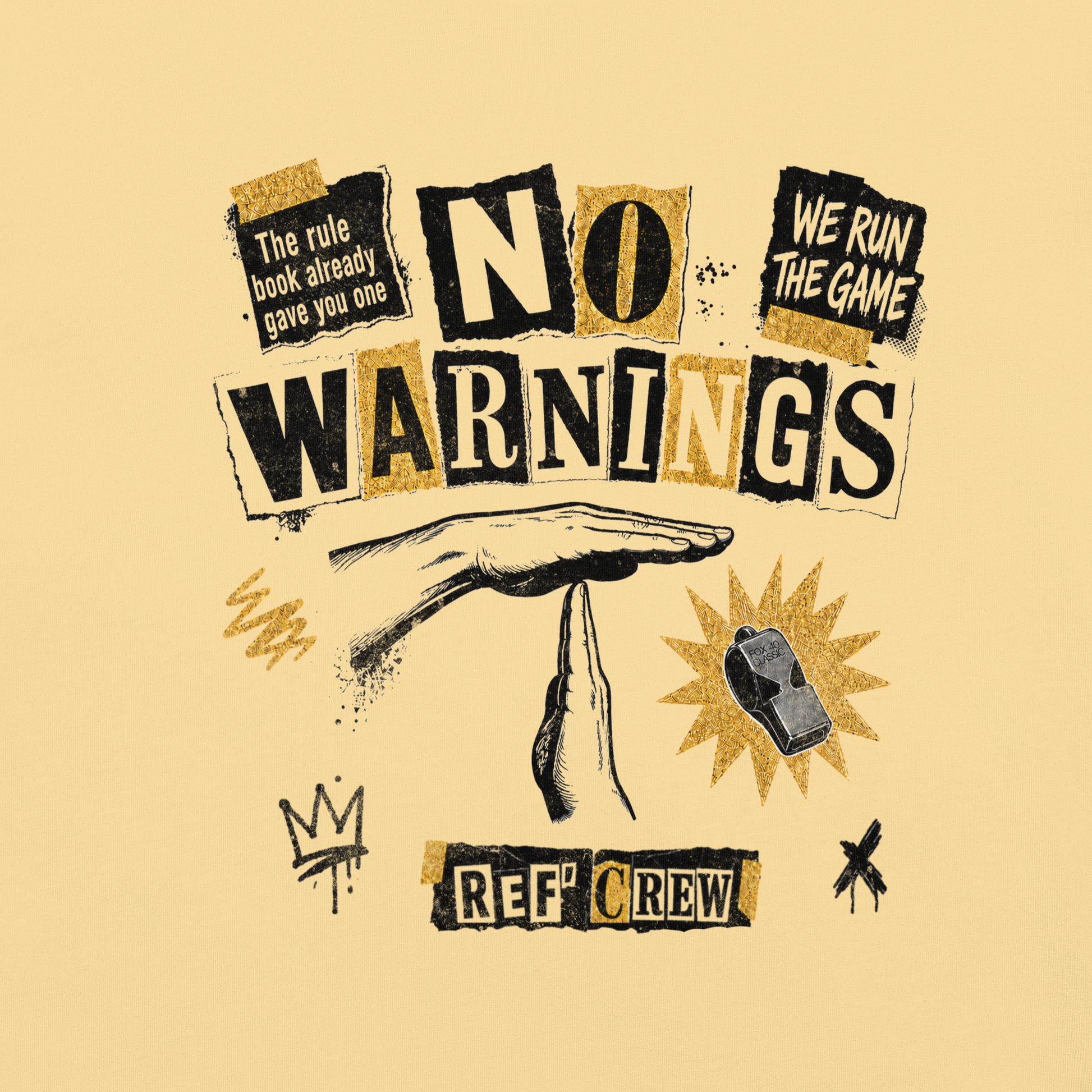 The No Warnings Tee in Butter — second front view of the ransom-note collage print.