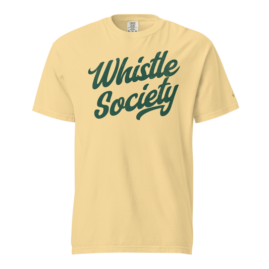 The Whistle Society Tee in Butter yellow – front view, vintage forest-green athletic script – Ref' Crew basketball referee tee
