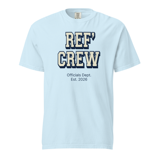 Light blue Comfort Colors "Ref' Crew" officials tee with bold navy and cream lettering, premium cotton.