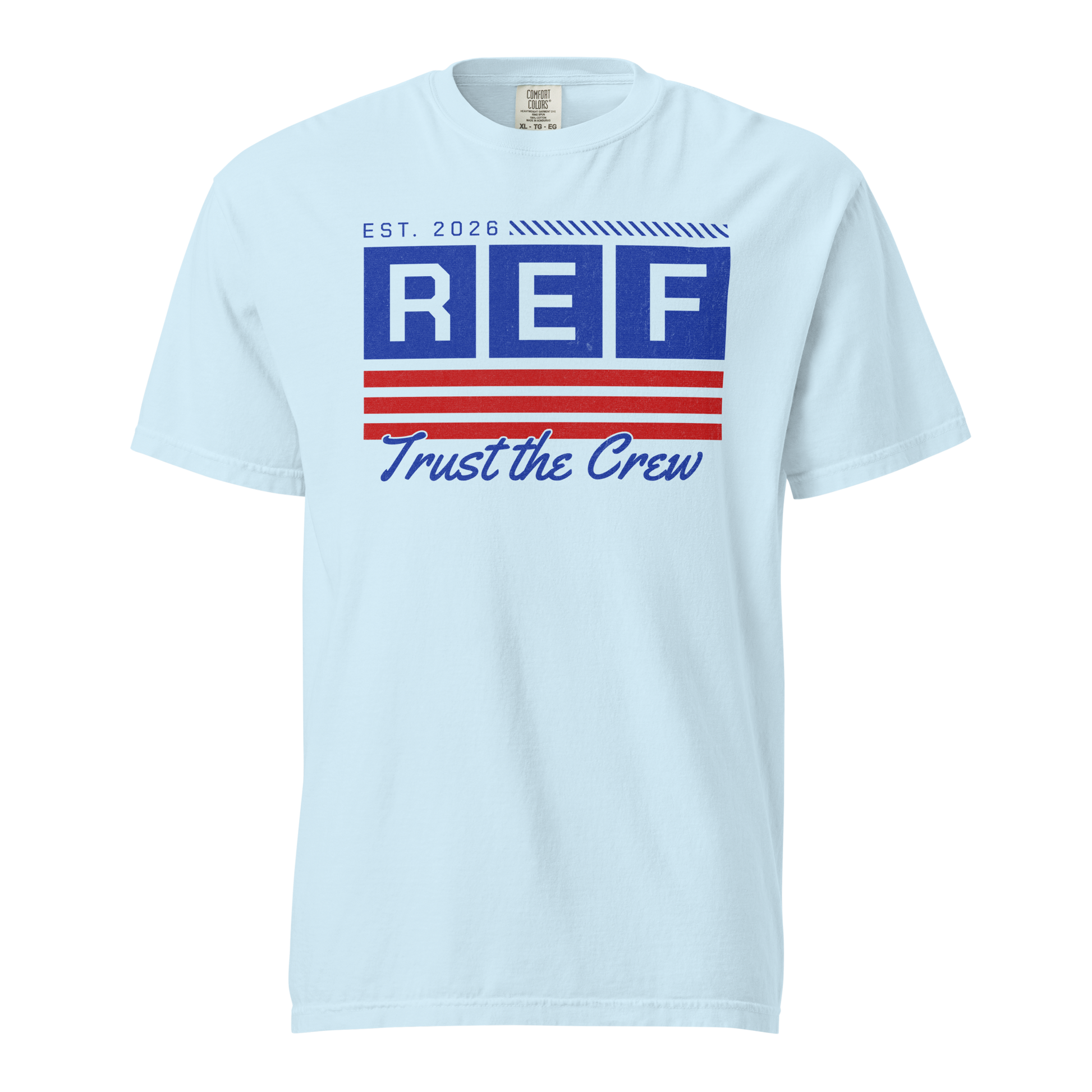 Chambray Comfort Colors Heritage Tee with "REF Trust the Crew" graphic for basketball officials.