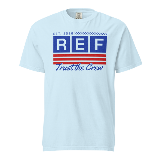 Chambray Comfort Colors Heritage Tee with "REF Trust the Crew" graphic for basketball officials.
