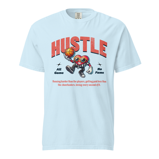 Chambray Ref' Crew All Game No Fame referee t-shirt, retro cartoon heart-shaped referee mascot in stripes and sunglasses under a distressed HUSTLE arch — front view