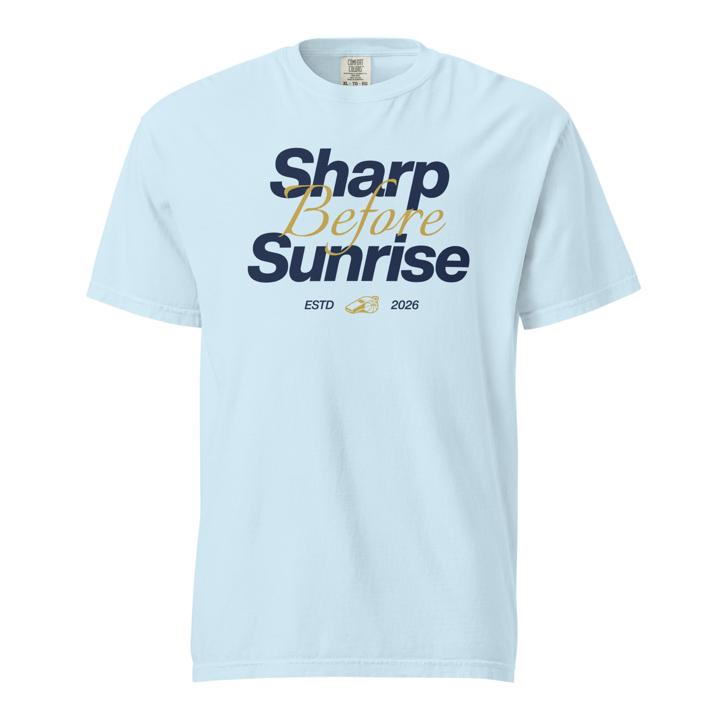 Ref' Crew Sharp Before Sunrise Tee in chambray blue — navy lettering with gold script accent and whistle detail on garment-dyed heavyweight cotton for basketball referees
