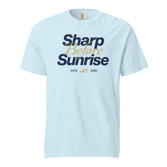 Ref' Crew Sharp Before Sunrise Tee in chambray blue — navy lettering with gold script accent and whistle detail on garment-dyed heavyweight cotton for basketball referees