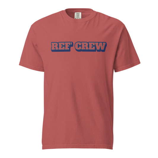 Comfort Colors "REF' CREW" varsity tee in brick red, premium heavyweight cotton for basketball officials.