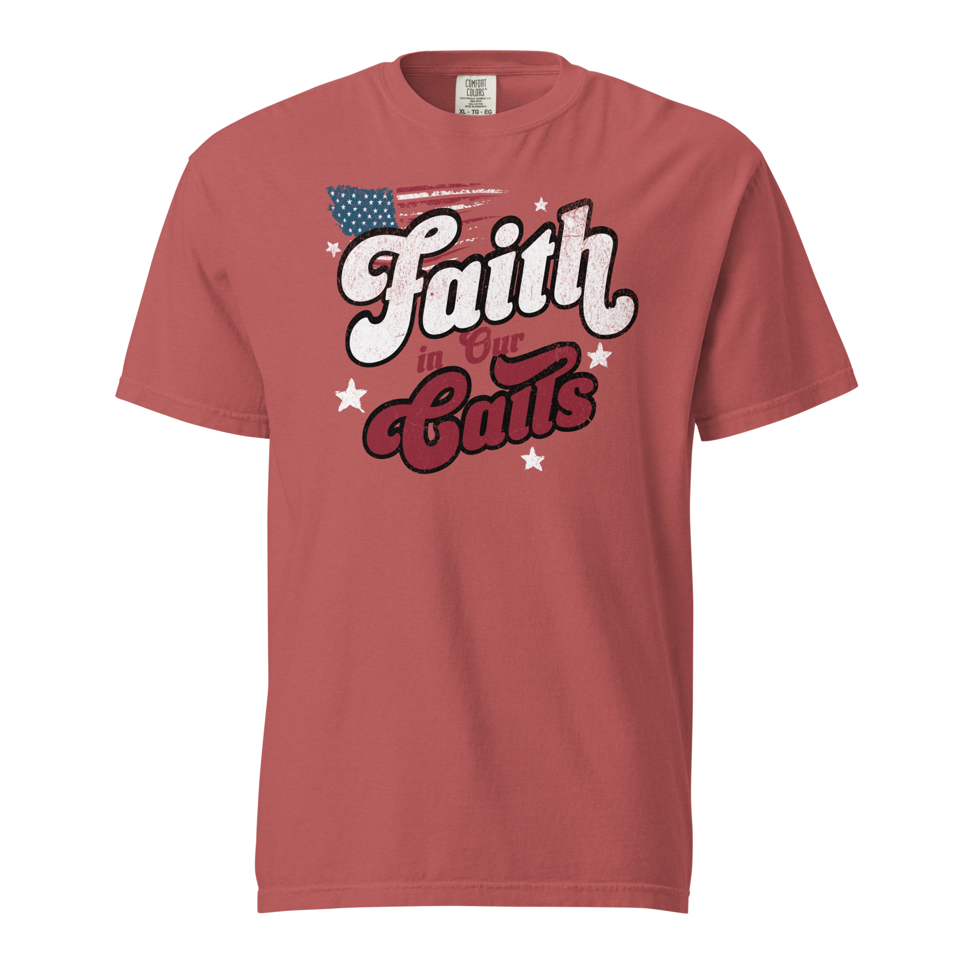 Comfort Colors "Faith in Our Calls" tee for basketball referees, featuring retro Americana script, distressed flag, and stars on a brick red heavyweight cotton shirt.