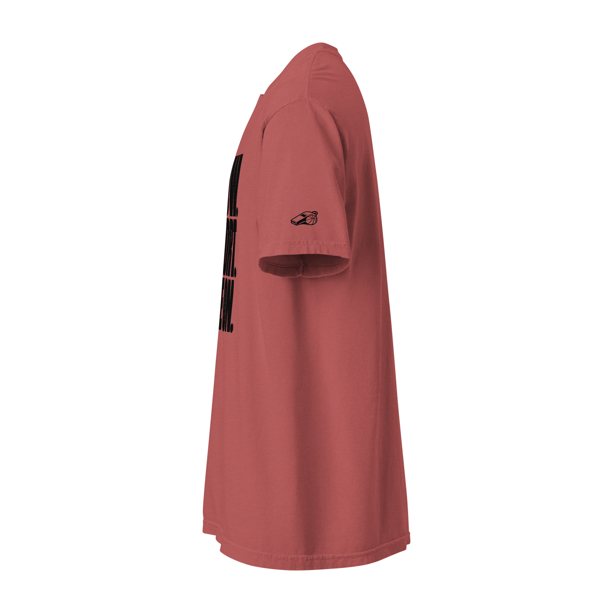 Ref' Crew Blow. Report. Move On. Tee in Crimson — side view showing the small black whistle mark on the sleeve