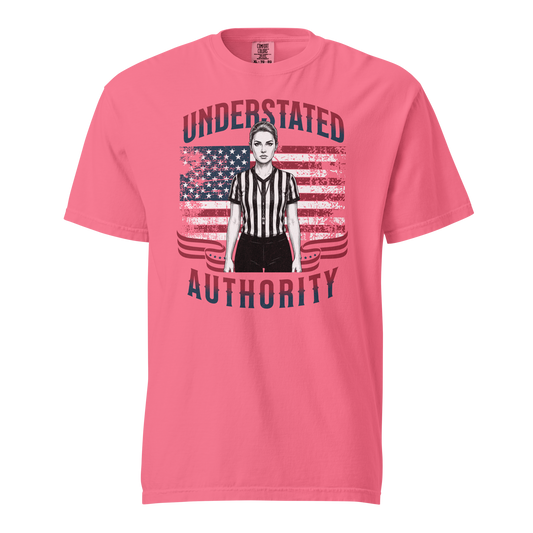 Pink Comfort Colors referee t-shirt for basketball officials, featuring a female Ref' Crew graphic and "Understated Authority" over a US flag.