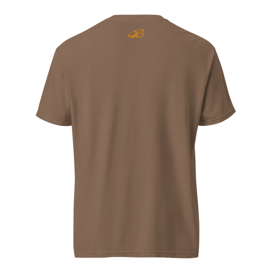 Back of a brown Ref' Crew referee t-shirt for basketball officials, featuring a small orange whistle logo.